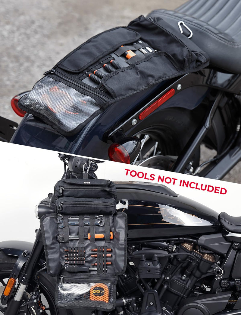 KEMIMOTO Motorcycle Tool Bag - Handlebar Kit Roll Up Organizer With Elastic Loops Pockets - Sturdy Pouch for Softail Dyna Sportster - Tools Not Included Nylon