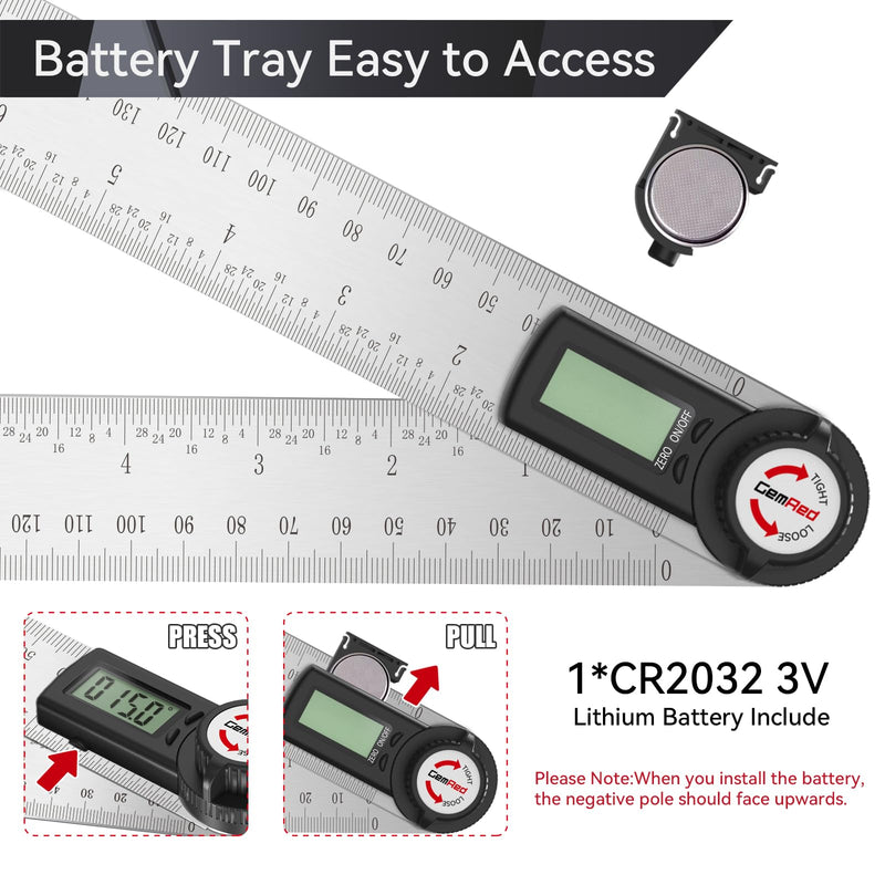 GemRed 82305 Digital Angle Finder Protractor (Stainless steel 300mm) Stainless steel (12inch/300mm)