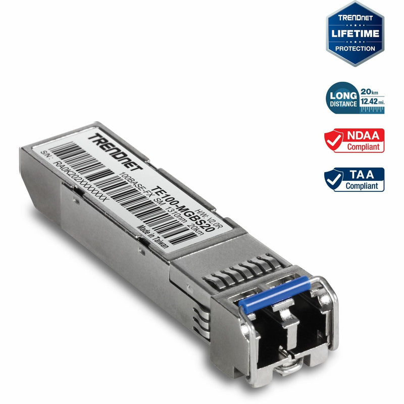 TRENDnet SFP to RJ45 100Base-FX Single-Mode LC Module, TE100-MGBS20, Up to 20 km (12.4 Miles), Standard SFP Compatible, Up to 155Mbps Speeds, Duplex-LC Fiber Compatible, 1310nm, Lifetime Protection