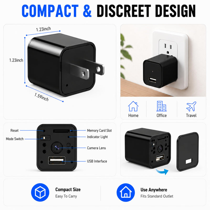 64G USB Charger Hidden Camera, 1080P Motion Detection Indoor Security Camera with SD Card Included, No WiFi/Monthly Fee, 106° Wide Angle, Local Storage Home Monitoring Device (2026 Upgraded) Silver Black