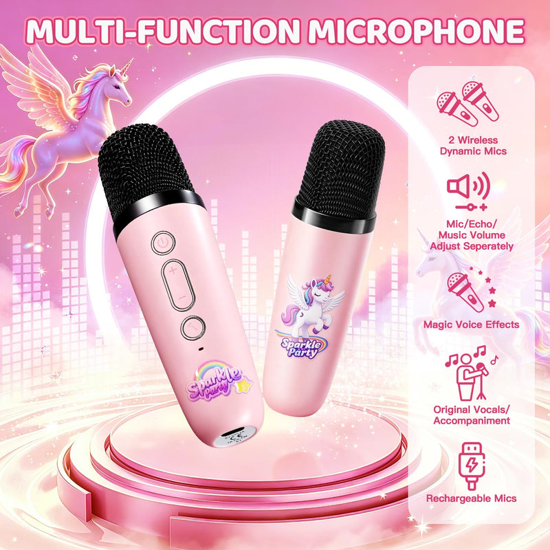 Unicorn Karaoke Machine for Kids, Clear&Loud Sound Portable Mini Karaoke Machine+2 Wireless Microphones for Kids, 4 Voice Changers+Bluetooth, Birthday Gifts for 2-8 Year Old Girls Unicorn Gifts