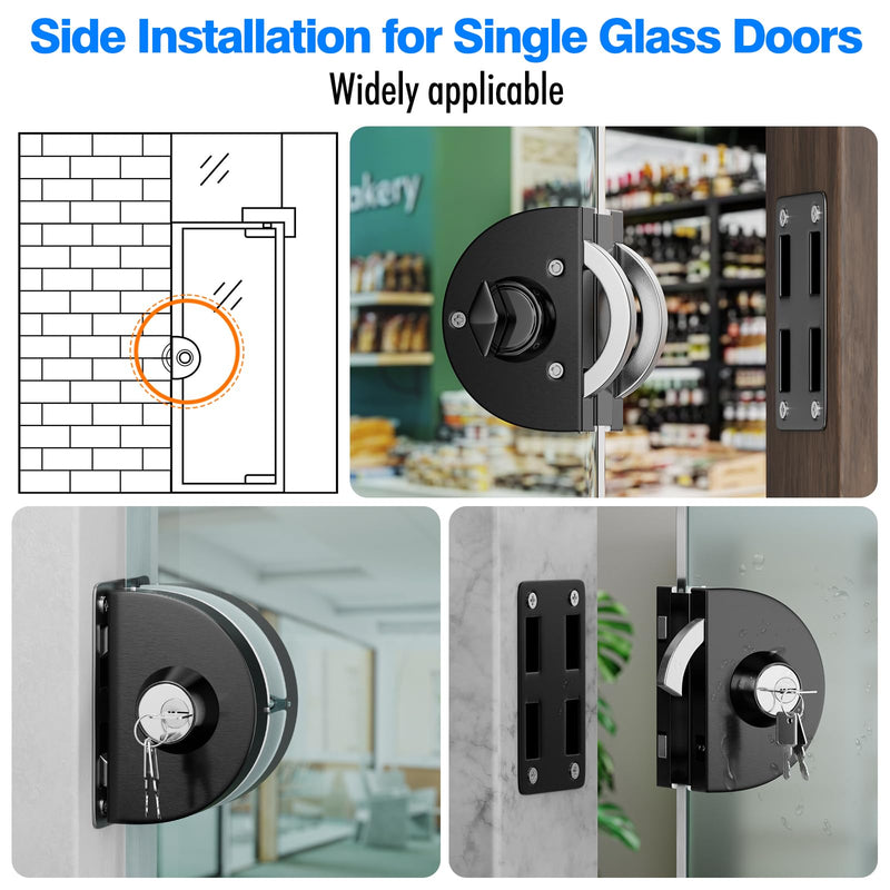 Ranbo Frameless Double-Sided Sliding/Pull Push Glass Door Lock, No-Drill, 304 Stainless Steel, for 3/8"-1/2''(10mm-12mm) Glass, Office, Commercial, Store, Entrance Doors, 3 Keys, Brushed Black LE-160 Brushed Black