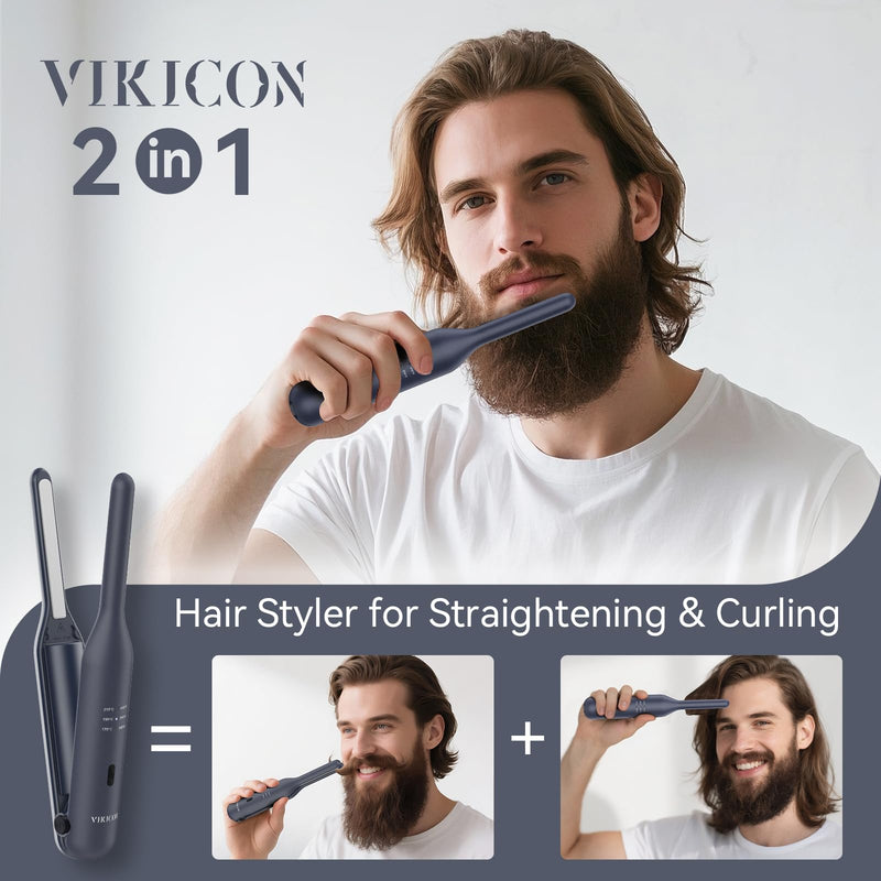  [AUSTRALIA] - VIKICON Beard Straightener for Men with 3 Heat Settings, Thin Hair Curler | Cordless Rechargeable Pencil Straighteners and Curler, Portable for Beard, Short Hair, Pixie Cuts, Daily Hair Styling, Black