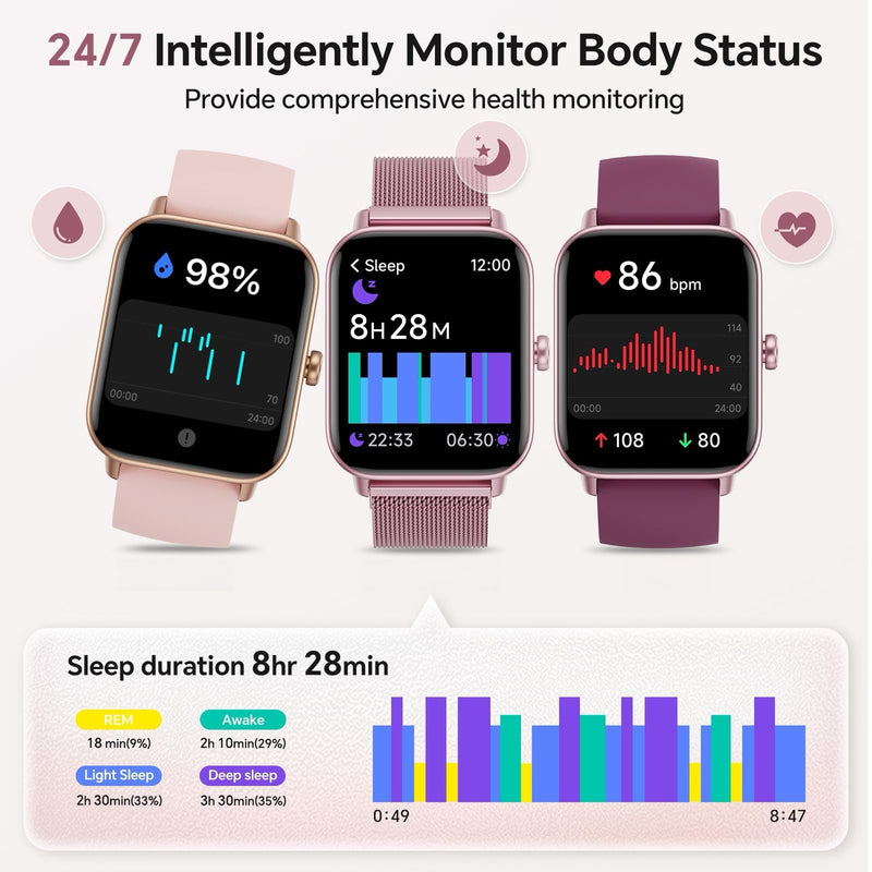 Smart Watches for Women (Calls/SMS/Reminders), 1.85" HD Alexa Smart Watch for Android Phones & iphone Compatible, 120+ Sport Modes Fitness Watch, Heart Rate/SpO2/Sleep Tracker, 3ATM Fitness Trackers Rose Pink-Mulberry Stainless Steel & Silicone