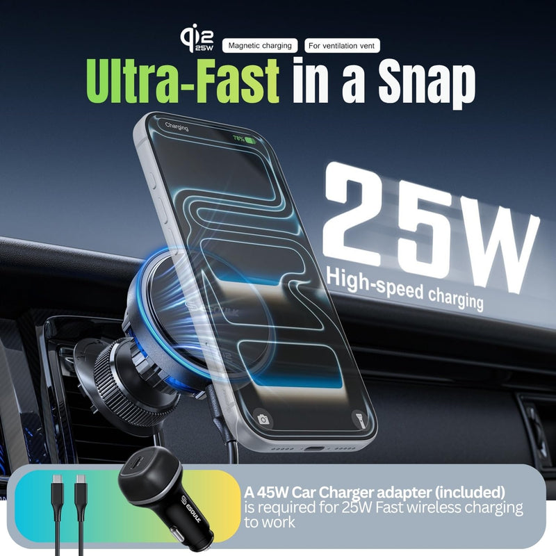 25W Cooling Magnetic Wireless Charger Air Vent Phone Mount for Car | 25W Fast Wireless Charging with Built-In Cooling Fan, Secure Air Vent Mount, Flexible Viewing Angles, 45W Adapter Included