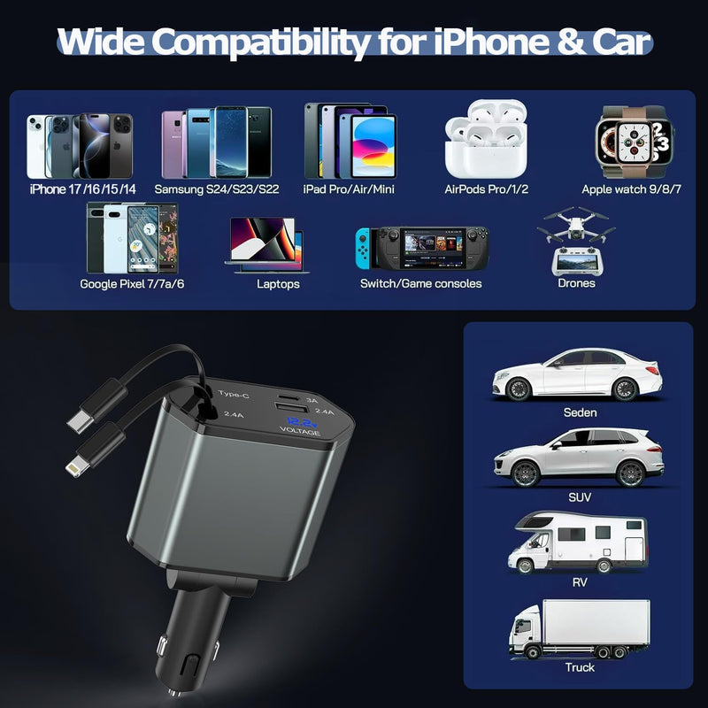 66W Retractable Car Charger Fast Charging,4 in 1 Car Charger USB Fast Charge with Retractable USB C Cable + Lightning Cable,USB C Port and USB A Port Car Phone Charging for iPhone 17/16/15/14/13,iPad