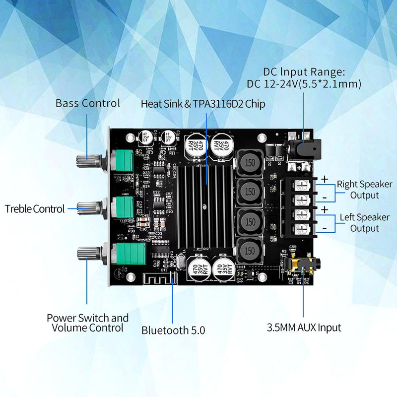 ZK-1002T Bluetooth Audio Amplifier Board,100W×2Power Amplifier,DC12-24V Bluetooth Audio Power Amplifier Board, Board with Treble and Bass Control,Supports AUX/Bluetooth ZK-1002T