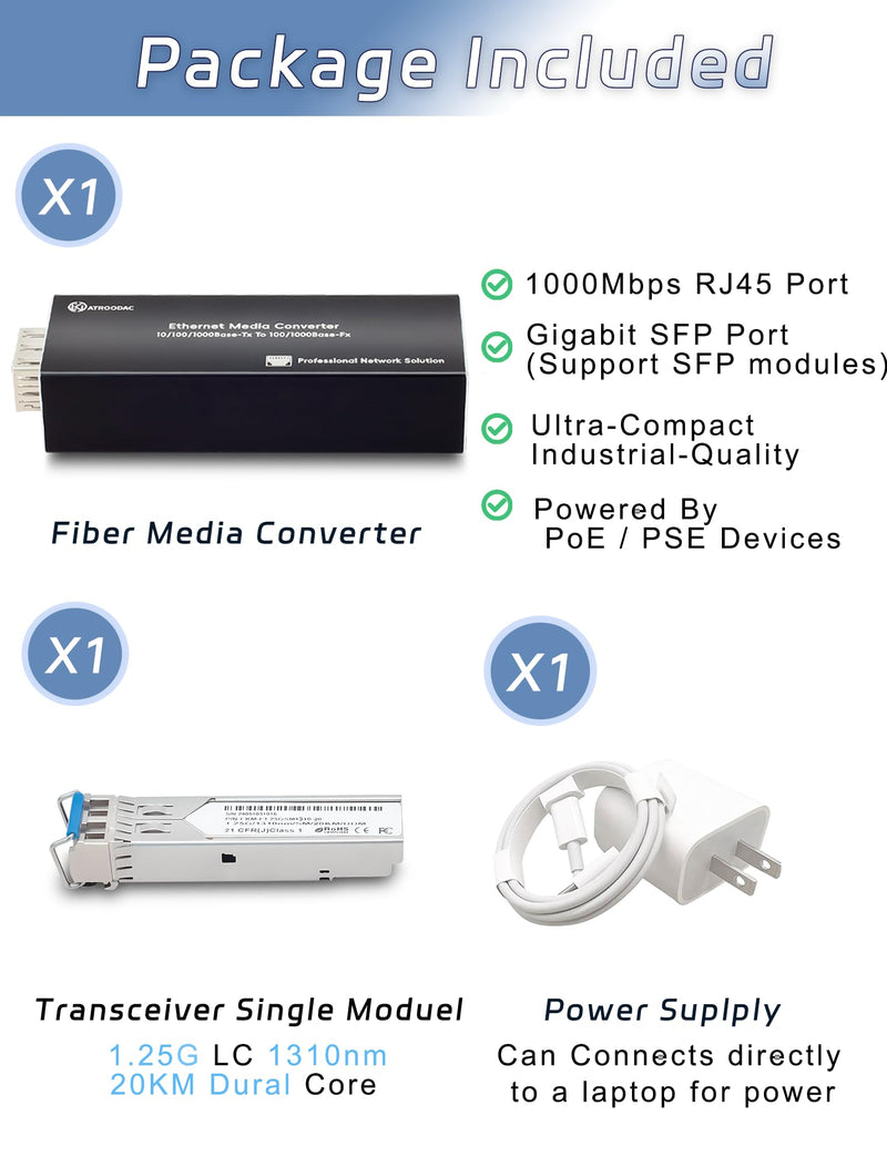 Mini Gigabit Fiber Media Converter with 1Pcs 1.25G LC Dual Ports Transceiver Module up to 20KM Plug and Play 10/100/1000Base-Tx RJ45 to 100/1000BASE-SX SFP Slot Fiber to Ethernet Converter x1 Sfp to Rj45+20KM LC Dual Port SMF