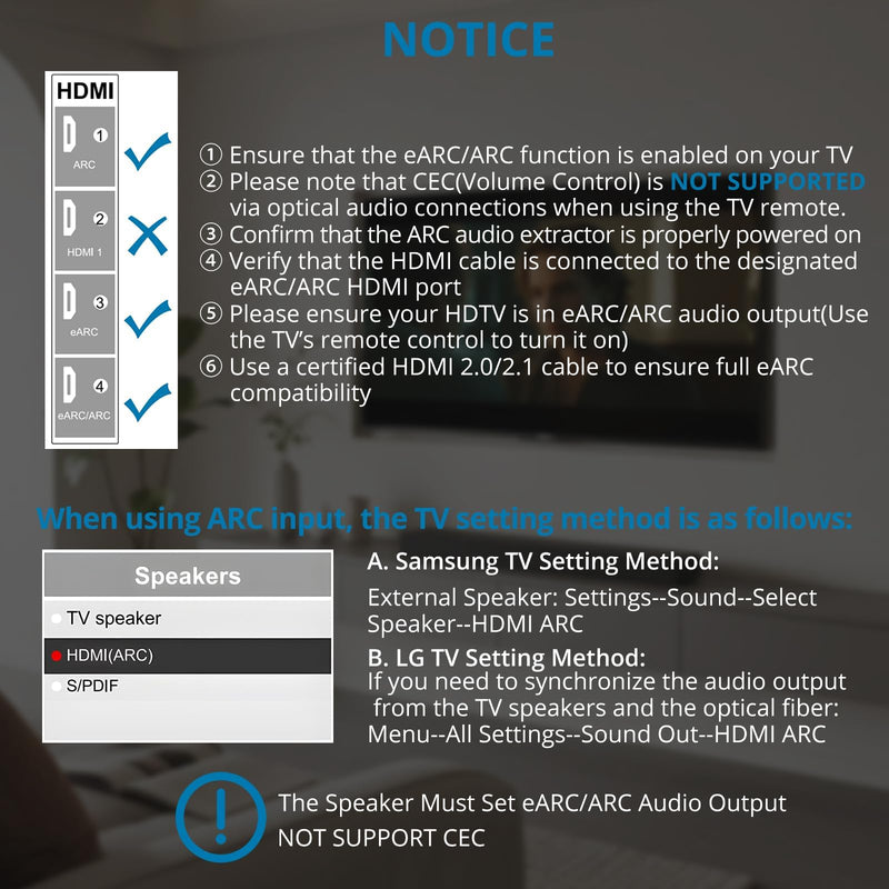  [AUSTRALIA] - AUTOUTLET HDMI eARC to Optical Audio Adapter - eARC/ARC to Optical Converter for TVs, Soundbars, Home Theaters, and Audio Systems, Support 192KHz Sampling Rate, Dolby 5.1 and DTS 5.1(NO CEC) HDMI eARC/ARC to Optical Conventer Not support CEC