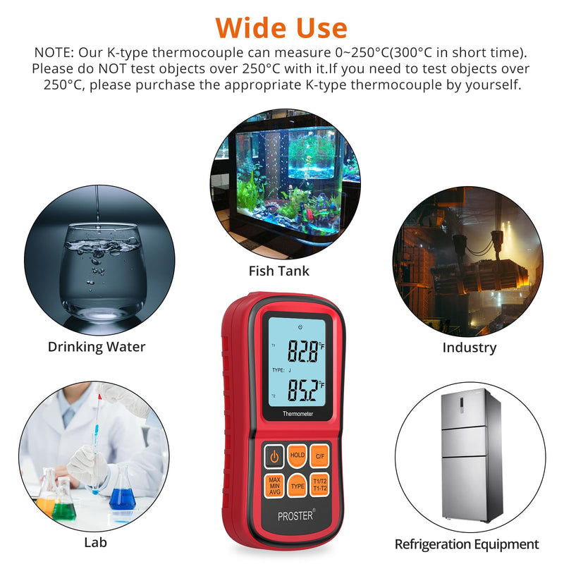 Proster Digital Thermocouple Temperature Thermometer Dual Channel - with Two K-Type Thermocouple Probe, Backlight LCD Thermometer for K J T E R S N Type Red