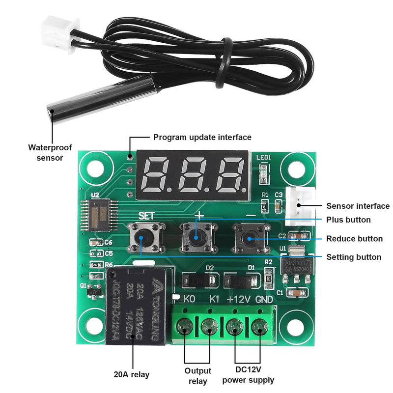 6pcs W1209 DC 12V Digital Temperature Controller Board Blue Digital Display Thermostat -50-110°C Electronic Temperature Temp Control Module Switch with Waterproof Case 6pcs Blue