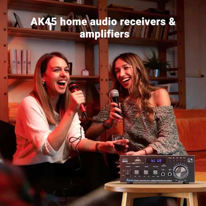 Bluetooth Stereo Receiver &Home Audio Amplifier, 300Wx2 2-Channel for Home Theater & Bookshelf Speakers, w/FM Radio Karaoke, w/USB/SD/RCA/MIC/FM in, with Remote Control, for Garage Bar Party