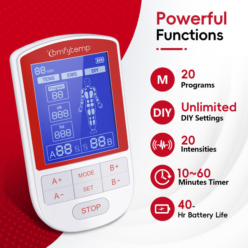 Comfytemp TENS Unit Muscle Stimulator for Pain Relief Therapy, TENS Machine with 20 Modes and DIY, Dual Channel EMS Unit, Electric Pulse Massager for Back, Shoulder, Sciatica, Knee