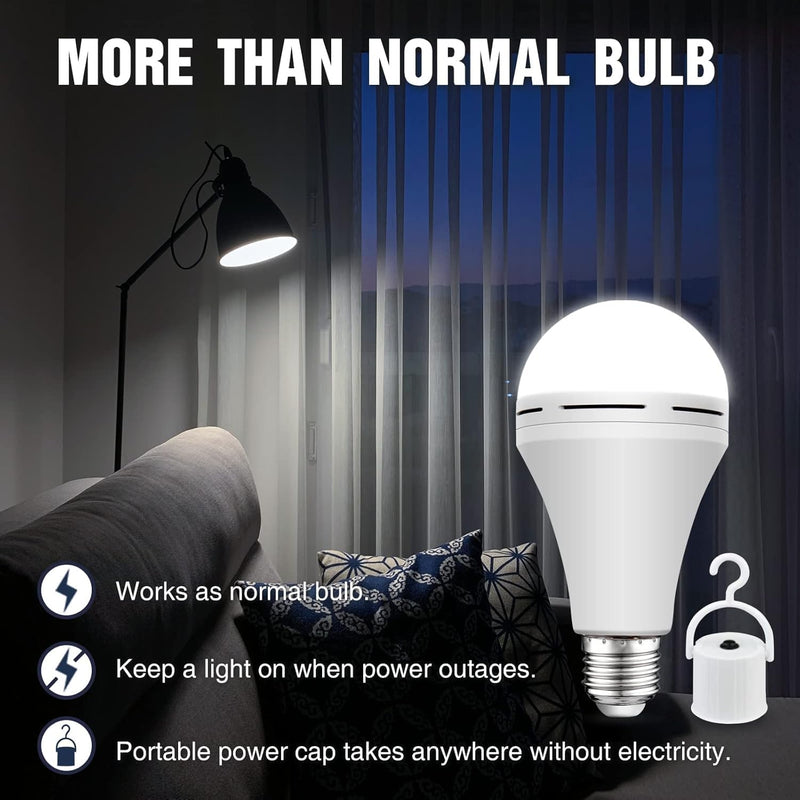 Neporal 4 Pack Emergency-Rechargeable-Light-Bulb, Stay Lights Up When Power Failure, 1500mAh 15W 80W Equivalent LED Light Bulbs for Home, Camping, Tent (E27, with Hook) (Daylight) Daylight 4 Pack 1500mAh
