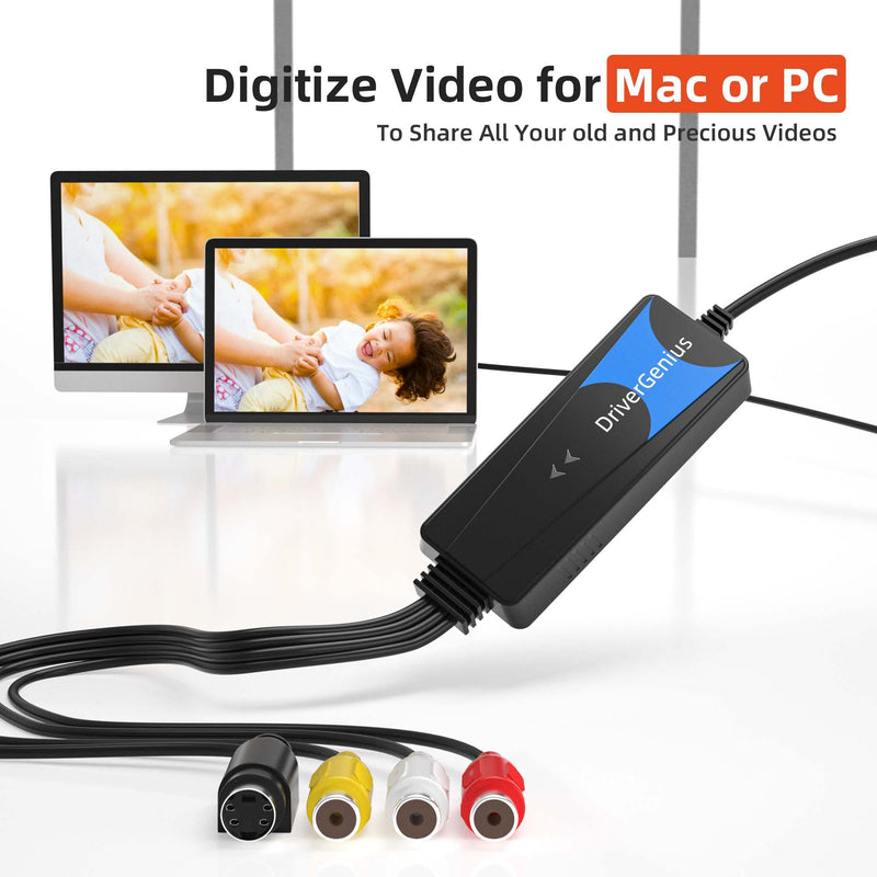 DriverGenius EraCapture-II USB Video Capture Adapter (Composite/S-Video) – Analog to Digital VHS/DVD Converter -Compatible with OBS on Windows 11 & macOS 15 USB-RCA Video Grabber