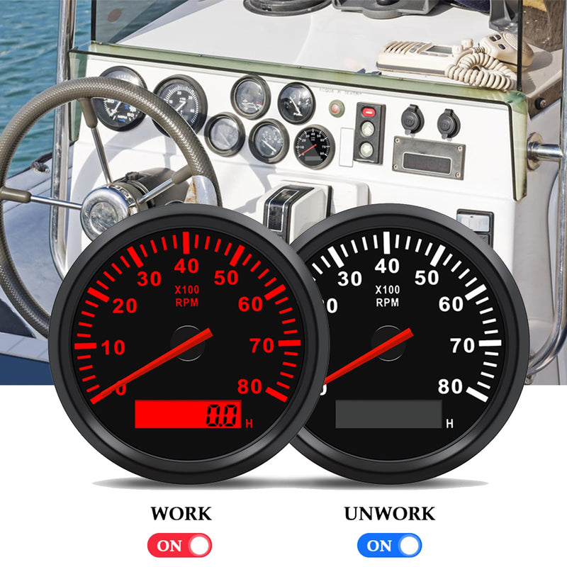 Geloo 85MM Boat RPM Tachometer - Waterproof Outboard Tachometer 0-8000RPM Tacho Meter for Car Truck Marine Diesel Gasoline Engine RPM Tacho Gauge 9-32V with LCD Hourmeter Red Backlight 8000RPM Black