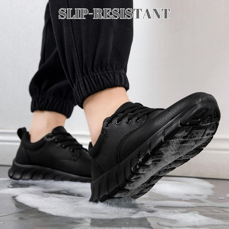 Mens Non Slip Work Shoes Waterproof Oil Resistant PU Leather Food Service Restaurants Kitchen Chef Shoes Comfortable Walking Sneakers Lightweight Casual Zapatos de Trabajo para Hombres 12 A All Black