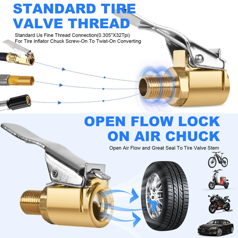 2pcs Locking Tire Air Chuck,Brass Tire Inflation Hose Adapter,Tire Nozzle With Tire Valve Threads,Unscrewed Connection Converted To Locking Connection,No Air Leakage On Chuck Air Compressor Pump Clip