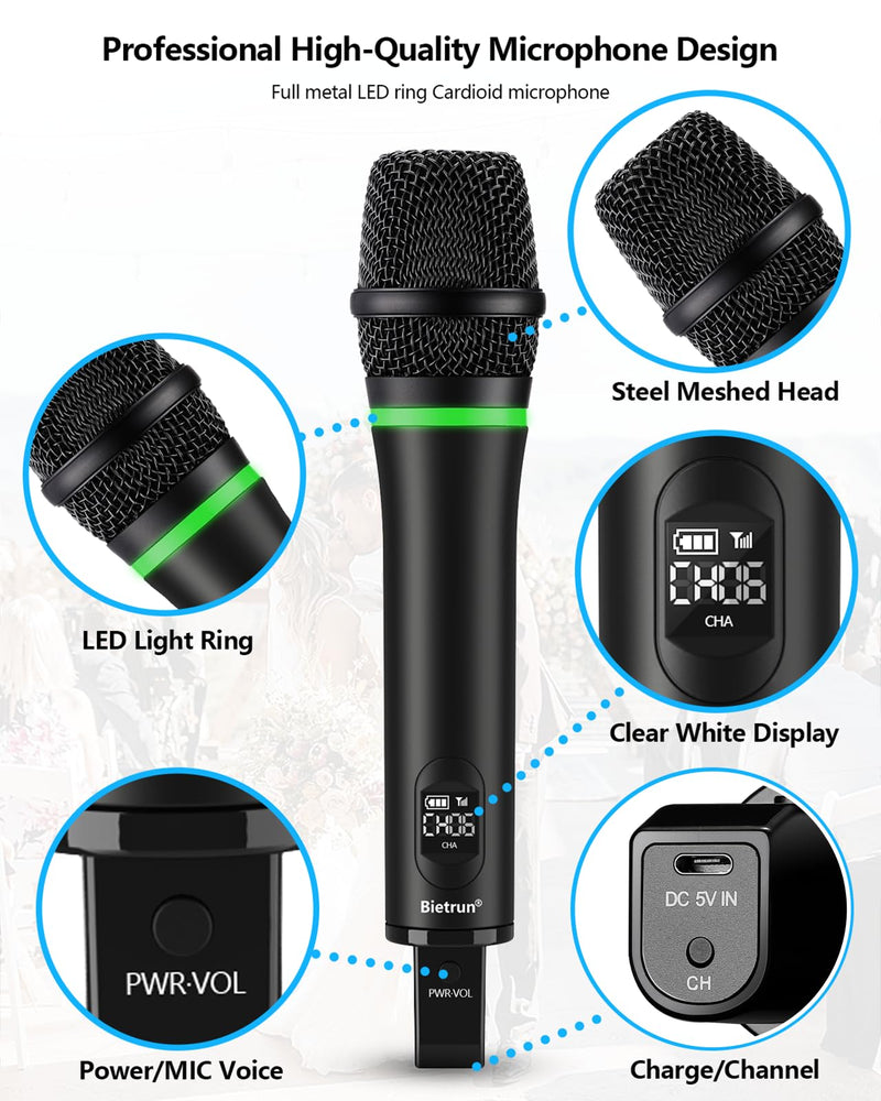 Bietrun XLR Wireless Microphone, Rechargeable Dual Metal Cordless Handheld Dynamic Mics for Mixer, Audio Interface, PA Amplifier System, Church, Singing, Karaoke(UHF 240FT Range)(with 6.35 Adapter) XLR Rechargeble Rechargeable Microphone-WXM19-2