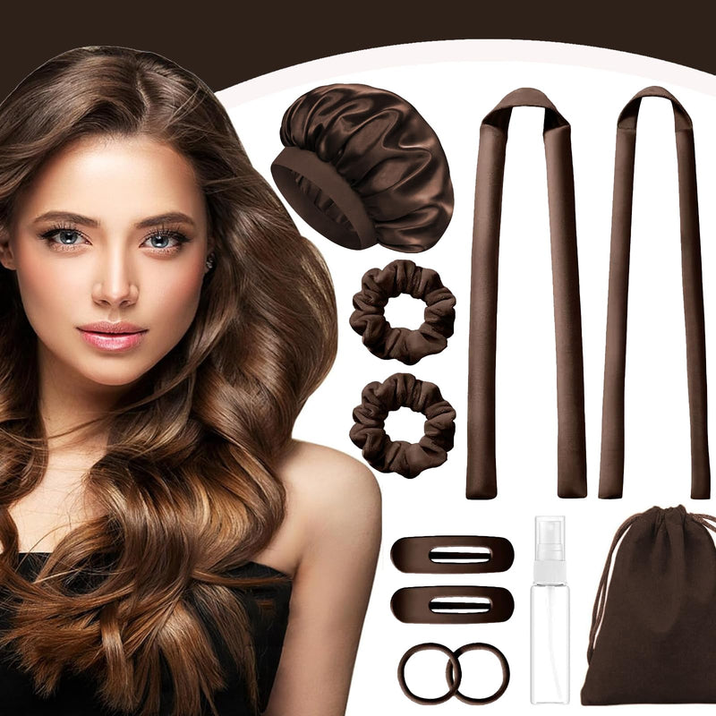 Heatless Hair Curler Overnight 11Pcs Set, 2 Sizes of Hair Rollers for Women with Bonnet to Sleep In, No Heat Curlers with Scrunchies and Clips, for Long and Medium Hair (Brown) Brown