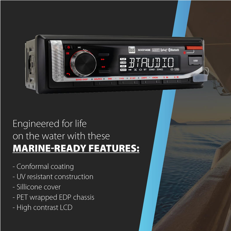 Dual Electronics MXD140B Marine Stereo with Built-in Bluetooth | Single DIN 8-Character Sunlight-Readable LCD Display | Weatherproof | AM/FM Stereo Receiver | USB Port with 2.1 A Charging | Black Marine Radio