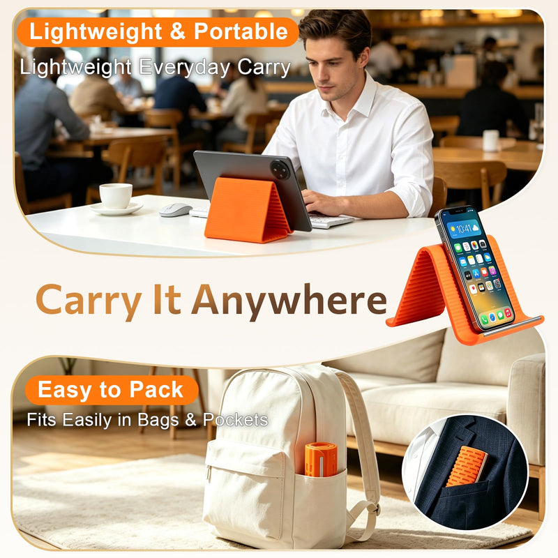 Flexible Silicone Phone Stand with Aluminum Core, Foldable Silicone Phone Holder for Cell Phones, Tablets & Small Devices, Adjustable Desktop & Airplane Phone Holder for Travel, Office & Home (Orange) Orange