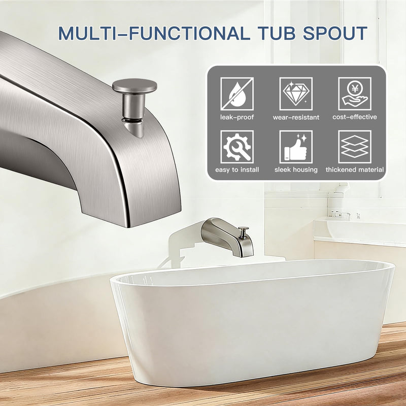 Brushed Nickel Bathtub Spout with Diverter, All Metal,5.3 Inch Tub Spout, Fits 1/2" Copper Slip-On and 1/2" or 3/4" IPS Threaded Pipes, Leak-Free, Slip Fit Tub Spout with Pull-Up Diverter Brushed Nickel