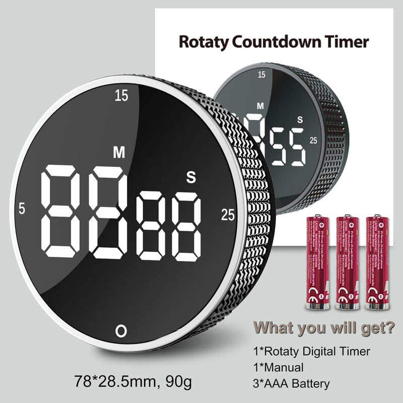 Digital Kitchen Timer with HD LED Display, Magnetic Countdown & Countup Timer for Cooking, 99 Minutes Rotating Pomodoro Timer for Classroom, Fitness, Office. Silver