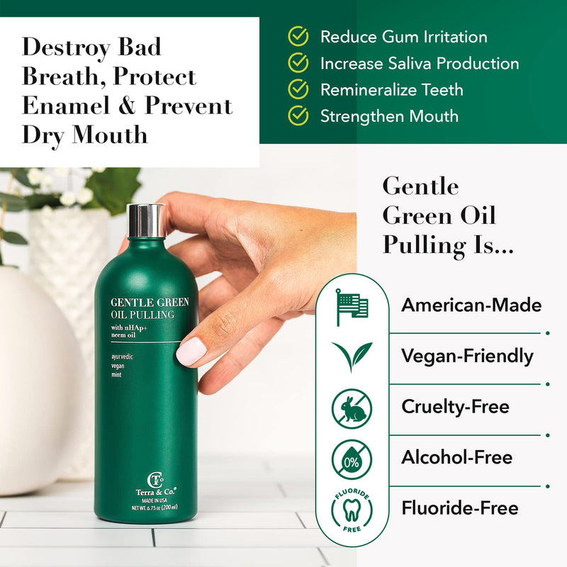 Terra & Co. Nano Hydroxyapatite Gentle Green Oil Pulling - Vegan Natural Mouthwash for Teeth and Gum Health – Alcohol-Free and Fluoride-Free - Made with Cold Pressed Plant Oils | 6.75 oz 6.75 Fl Oz (Pack of 1)