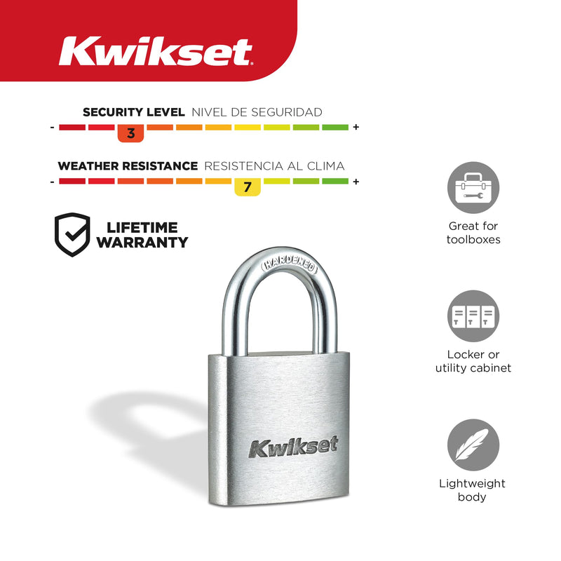 Kwikset Aluminum Padlock with Hardened Steel Shackle, Outdoor Shed and Gate Lock, 1-1/4 in Body, 5/8 in Shackle, 4 Pack Keyed Alike, Silver 5/8" Shackle