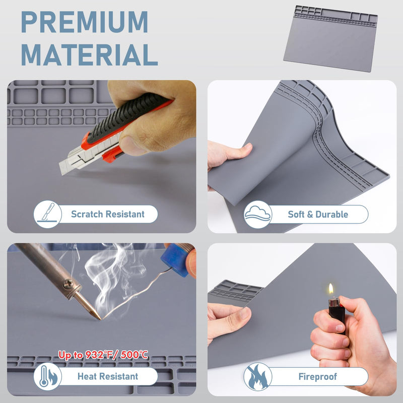 Heat Insulation Soldering Mat - Magnetic Silicone Work Mat, Silicone Soldering Mat for Soldering, Computer, Cell Phone, Watch Repair, BGA Soldering Gun Iron Workbench Protection (15.9''×11.9'') - Gray Grey-medium
