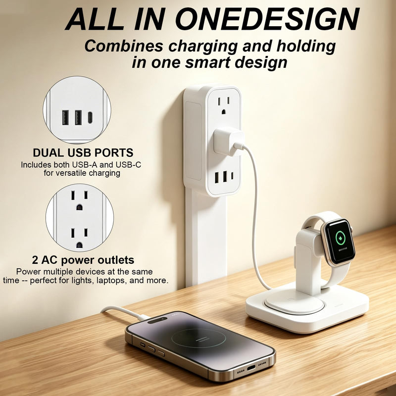 Outlet Extender Stick - Features USB-A, USB-C and 2 AC Outlets, Extends 17.5"-29.1", Rotates 360° Access Hard-to-Reach Outlets, Wall Plug Power Socket Expander Nightstands, Sofa, Desks and More Grey White