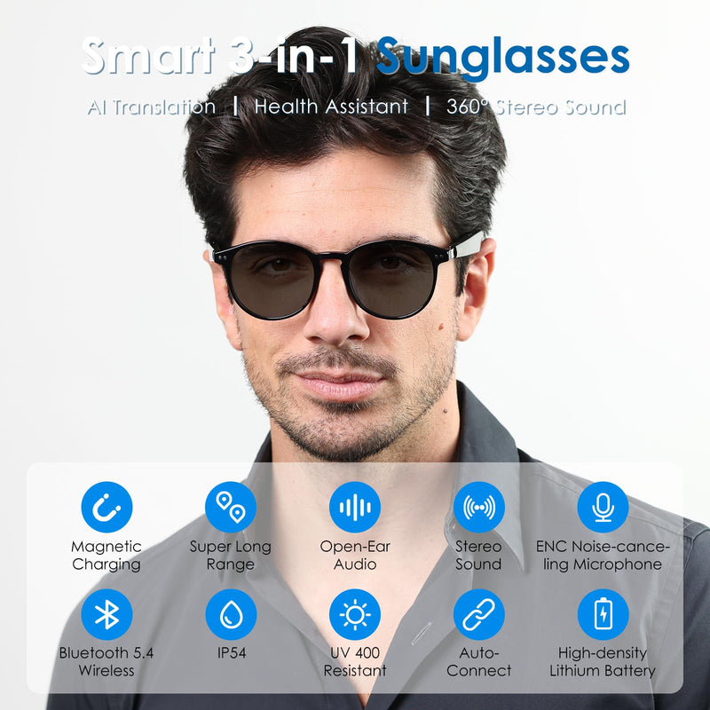 GetD AI Glasses for Men & Women, Smart Glasses Powered by ChatGPT, AI Real-time Translation with 147 Languages, Open Ear Bluetooth Glasses with Photochromic Lens for Daily Use, Travel