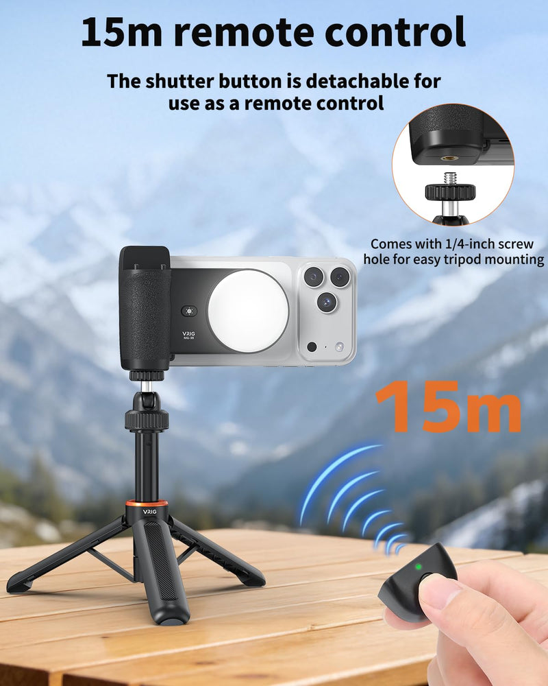 VRIG MG-35 Magnetic Phone Camera Grip for iPhone/Android with Detachable Wireless Shutter Remote,Three-Gear Adjustable Fill Light, 1/4" Tripod Screw - Comfort Ergonomic Camera Grip Handle Holder MG-35 Grip