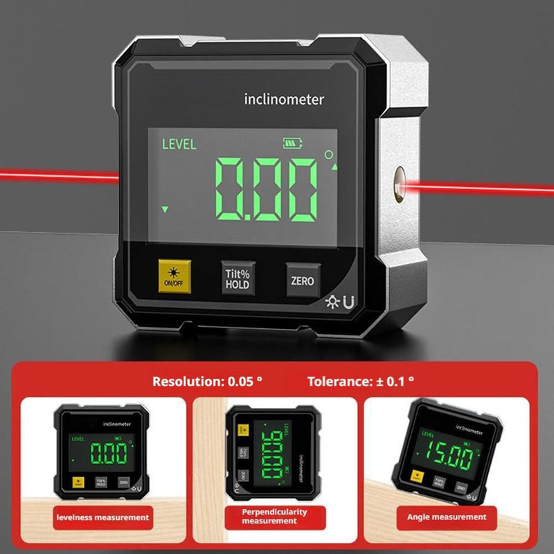 Digital Angle Finder with Electronic Laser & 4-Side Magnetic Base - Electronic Inclinometer with LED Display Cube Inclinometer, Table Saw Miter Protractor, Woodworking Measuring Tool, Level Box