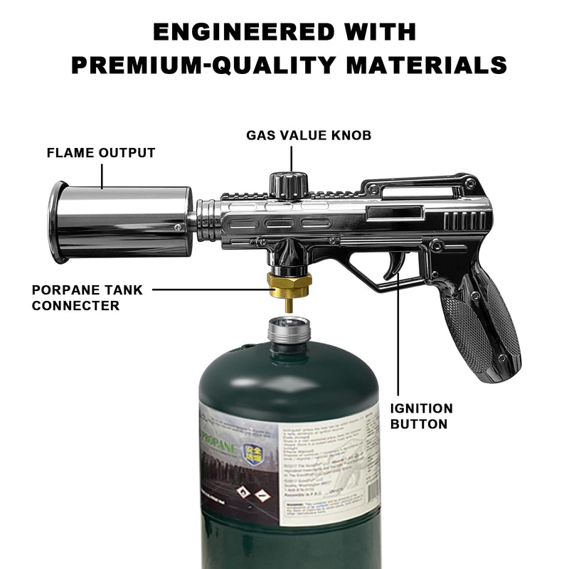 Powerful Propane Torch Gun, Adjustable Flame Kitchen Blow Torch for Cooking, Searing Steak, BBQ, Campfire, Charcoal Lighter (Tank Not Included) Grey