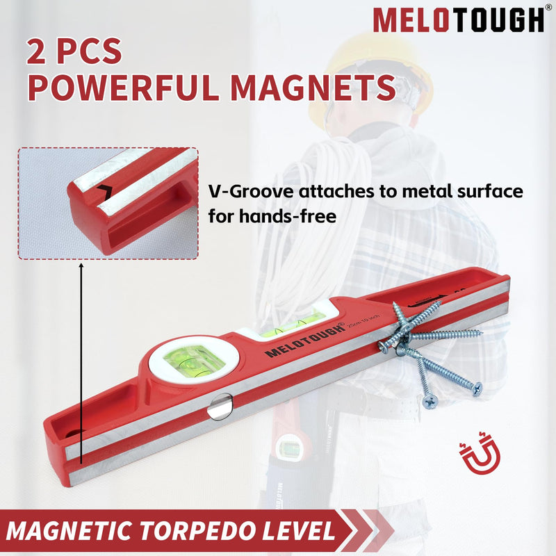 MELOTOUGH 10 Inch Die-Cast Magnetic Torpedo Level,Magnetic Level for Carpenter,Construction,Scaffolding, Plumbing Torpedo Level with Rare Earth Magnet,Pencil and Holster,Red,2PCS Red-2PCS
