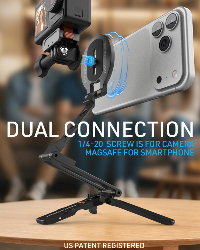 2-in-1 Magnetic Phone Tripod for MagSafe/DJI Osmo Pocket 3/4 Magnetic Mount | for Insta360 Luna Ultra, Foldable Phone Desk Stand with Arca-Swiss 1/4" Screw Hook Holder for GoPro 13/12 | Design Patented