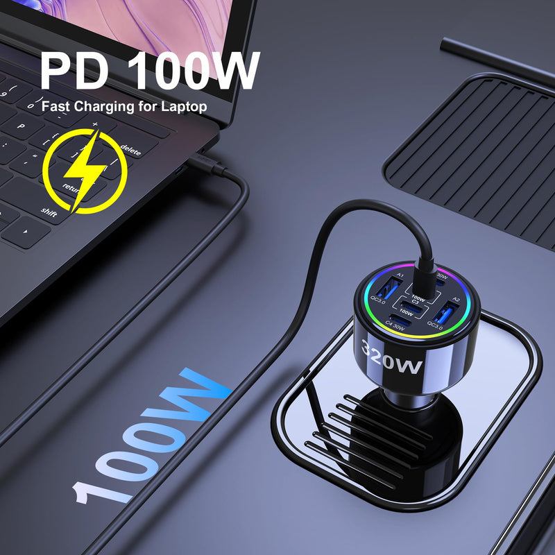 320W USB C Car Charger, 6 Ports Type C Car Charger | PD3.0/QC4.0/PPS Super Fast Charging for iPhone 17/16/15 Series, Galaxy S25/S24/23, iPad, MacBook Pro/Air, Laptop (Black) Black