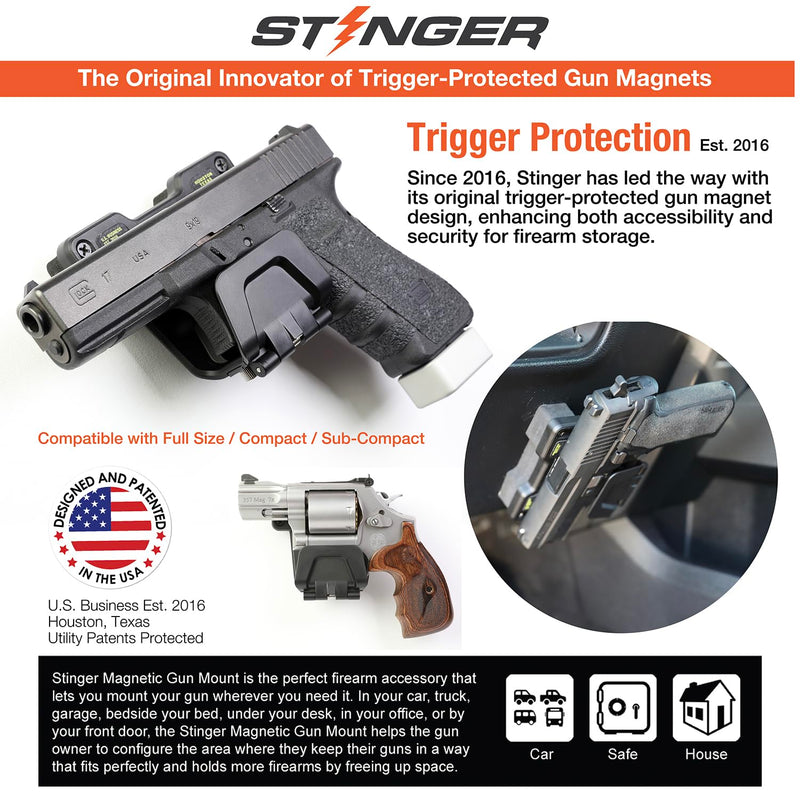 Stinger Gun Mount, Car Holster, Universal Magnetic Gun Mount with Trigger Guard Protection, 30 lb Neodymium Magnet, Gun Magnet Mount for Car, Truck, Desks, Safes, Walls