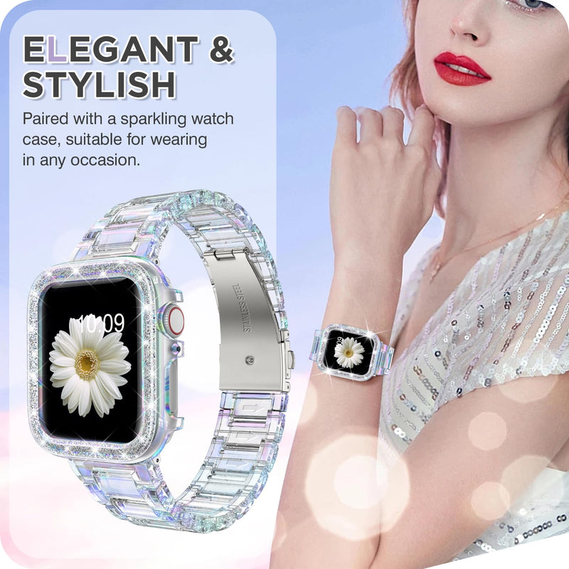DABAOZA Compatible for Clear Apple Watch Band with Case, Women Girl Resin Lightweight Sport Strap Glitter Bling Bumper Cover with Stainless Steel Buckle for iWatch Band SE Series9/8/7/6/5/4/3/2/1 Colorful Clear 45mm/44mm/42mm