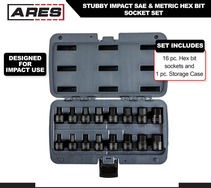 ARES 23021-16-Piece Stubby Impact SAE and Metric Hex Bit Socket Set - Chrome Moly Steel Construction and Manganese Phosphate Coating - Includes Storage Case - Designed for Impact Use Stubby SAE and Metric Impact Hex Driver Set