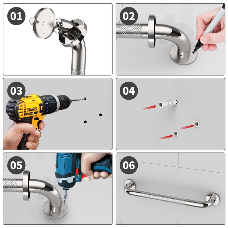 2 Pack 16 Inch Anti Slip Shower Grab Bar Handle, ZUEXT Chrome Stainless Steel Bathroom Grab Bar, Knurled Bathroom Balance Bar,Safety Hand Rail Support,Handicap Elderly Injury Senior Assist Bath Handle 2