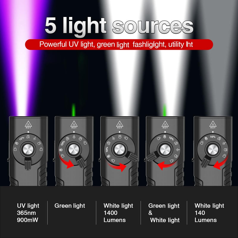 Solofish 1400-Lumen Aluminum EDC Flashlight with UV，Green Light and 140-Lumen White LED Combo (5-in-1), Portable Pocket Light with Strobe/Window Breaker, Rechargeable