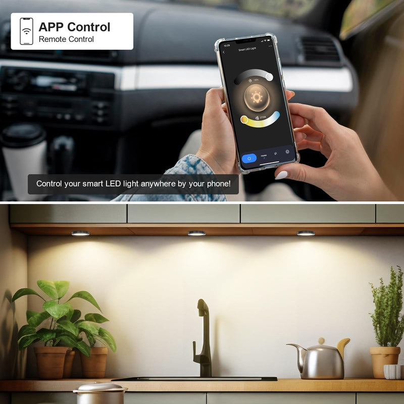 6pack LED Puck Light Kit, 2700-6000K Smart Round Under Cabinet Lighting with APP Control, Compatible with Alexa, Google Assistant, for Under Counter, Kitchen (Black) Black