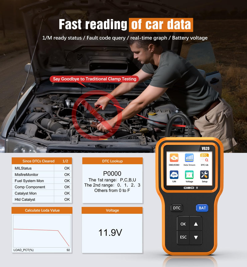 OBD2 Scanner with Upgrade Battery Tester - Diagnostic Tool for Cars That Check Engine Light & Emissions Readiness Read and Clears Vehicle Error Codes for All OBD II Protocol Vehicles Since 1996 orange