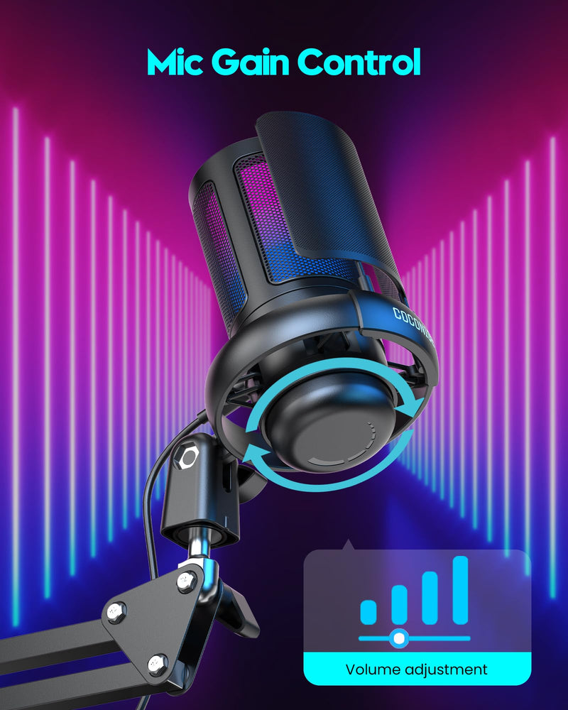 Gaming Microphone, USB PC Mic for Podcasts Videos, Streaming, Condenser Mic with Quick Mute, Tripod Stand, Pop Filter, RGB Indicator, Shock Mount, Rotate gain button, Compatible with PS4/5/PC With Boom Arm