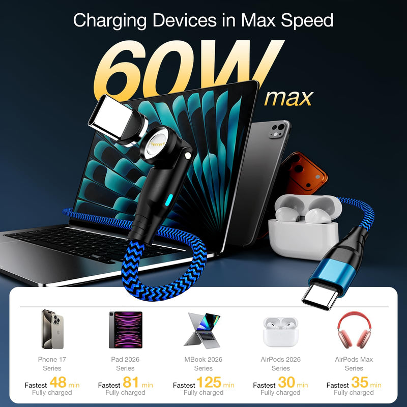 USB C Magnetic Charging Cable, 60W Type C Magnetic Phone Charger Cable | [4 Pack, 1ft+3ft+3ft+6ft] 7 Pin Type C Charger Fast Charging USB C to USB C Cable 360 Rotation for Laptop Smartphone Tablet Blue