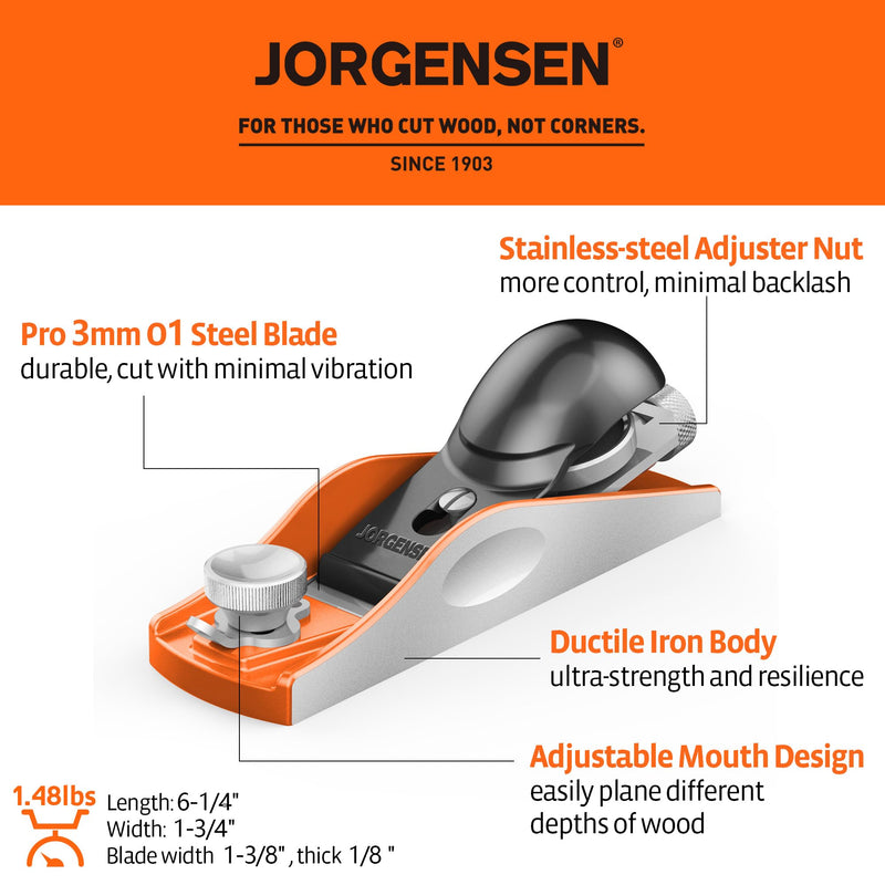 JORGENSEN NO.60-1/2 6-1/4" Wood Planer, Hand Planer for Woodworking, Low Angle Block Plane, Small Hand Plane for Trimming, Wood Planing, Craft - Professional Ductile Iron Body, Adjustable Mouth