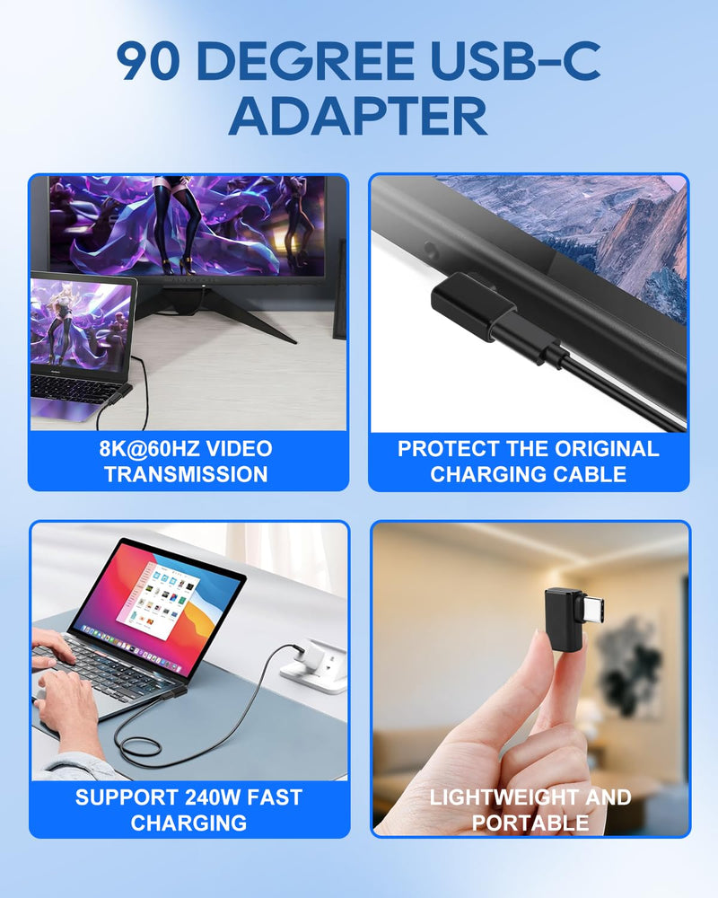 UCEC USB C Right Angle Adapter, 240W 40Gbps USBC 90 Degree Adapter | Male to Female 8K@60Hz Type C Extender Adapters for Laptop Tablet Cell Phone Right Angle USB C to USB C 4Pack Set1